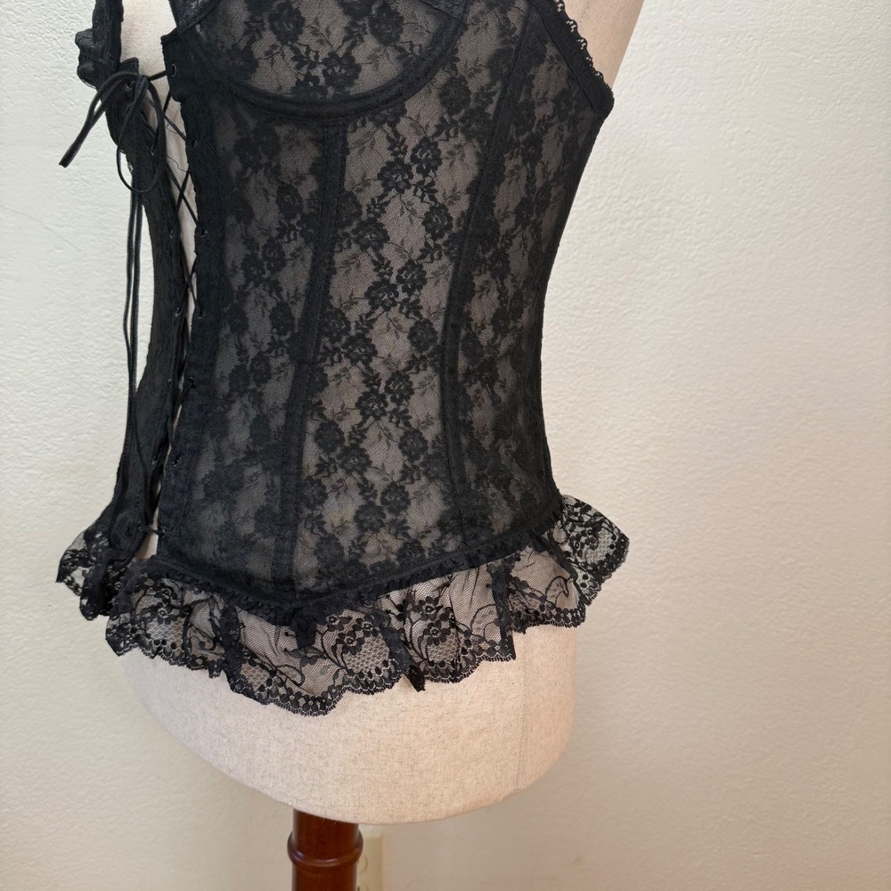Vintage Frederick's of Hollywood Sheer Black Lace Burlesque Bustier Corset Set - Picture 4 of 14